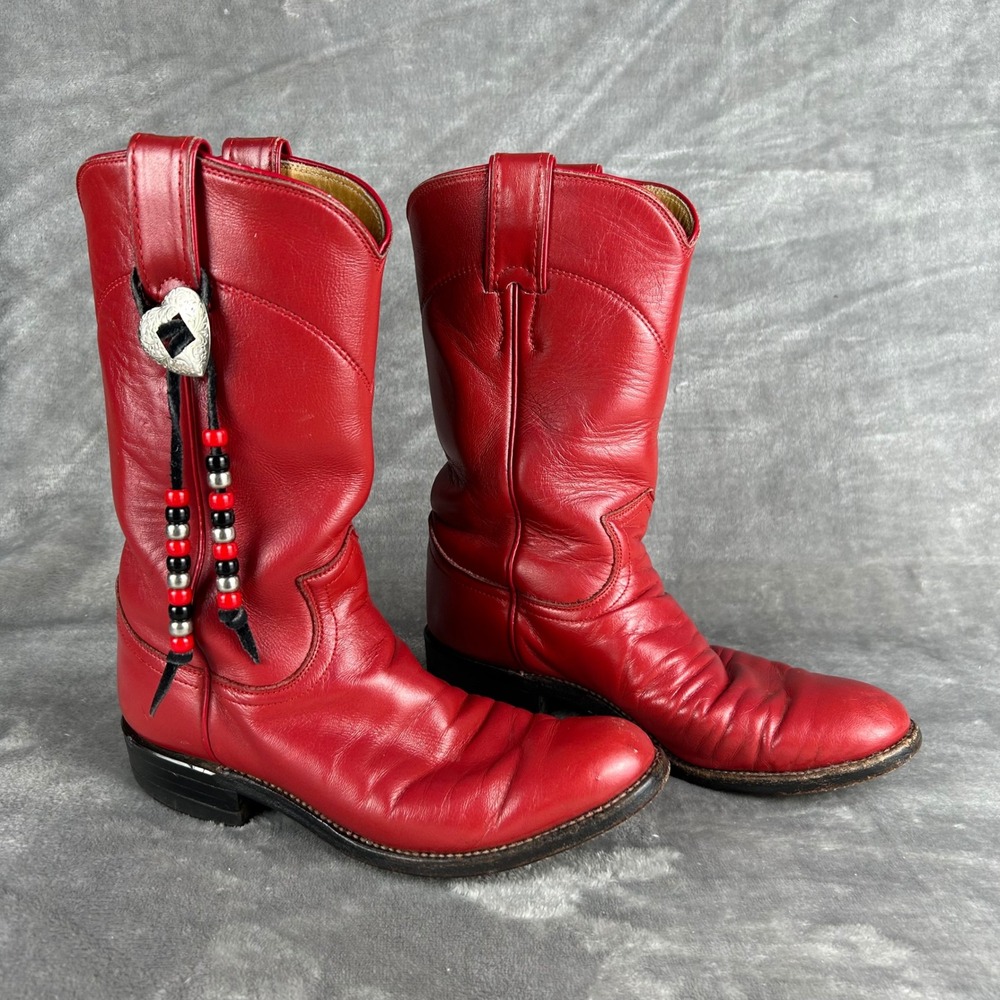Justin Boots Red Leather Western Boots with Beaded Tassel Accents
